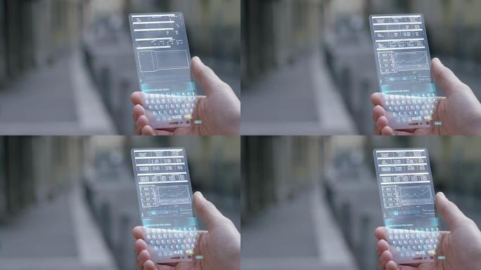 该市的一名商人使用带有最新技术安全代码指纹的透明电话。概念: 技术、商业、安全和网上银行、未来