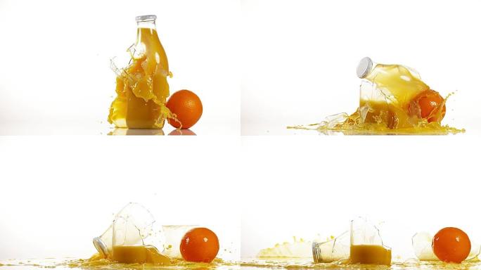 橙色的瓶子在白色背景下爆炸，慢动作4K