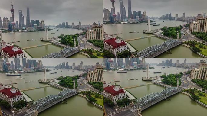 中国上海雨天河湾交通河桥空中全景4k延时