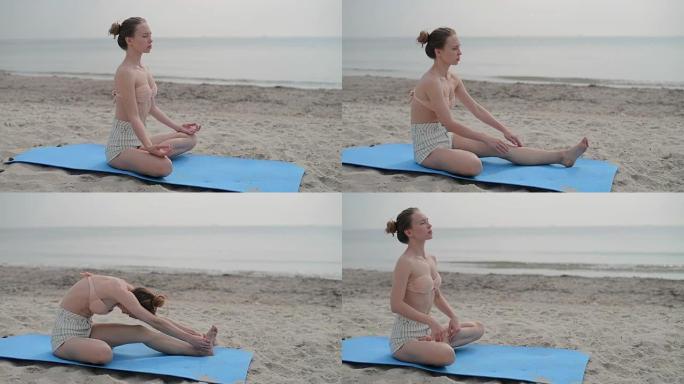 年轻女子在夏季环境中练习瑜伽的肖像