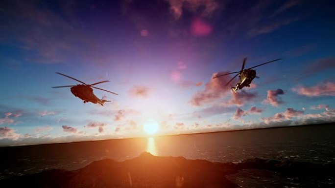 军用直升机编队在日落时分飞行