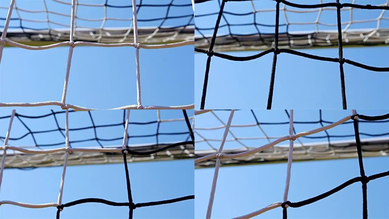 足球门网细节镜头，低角度