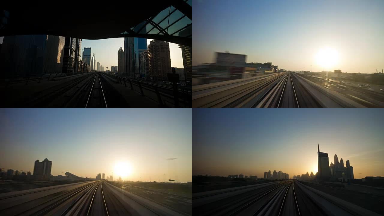 阿拉伯联合酋长国日落灯迪拜地铁线路骑行公路旅行全景4k延时阿联酋