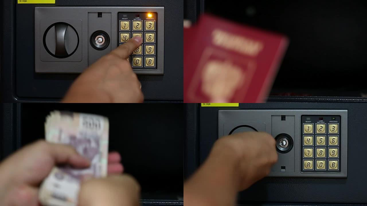男性手推安全密码并将钱和护照放在保险箱中