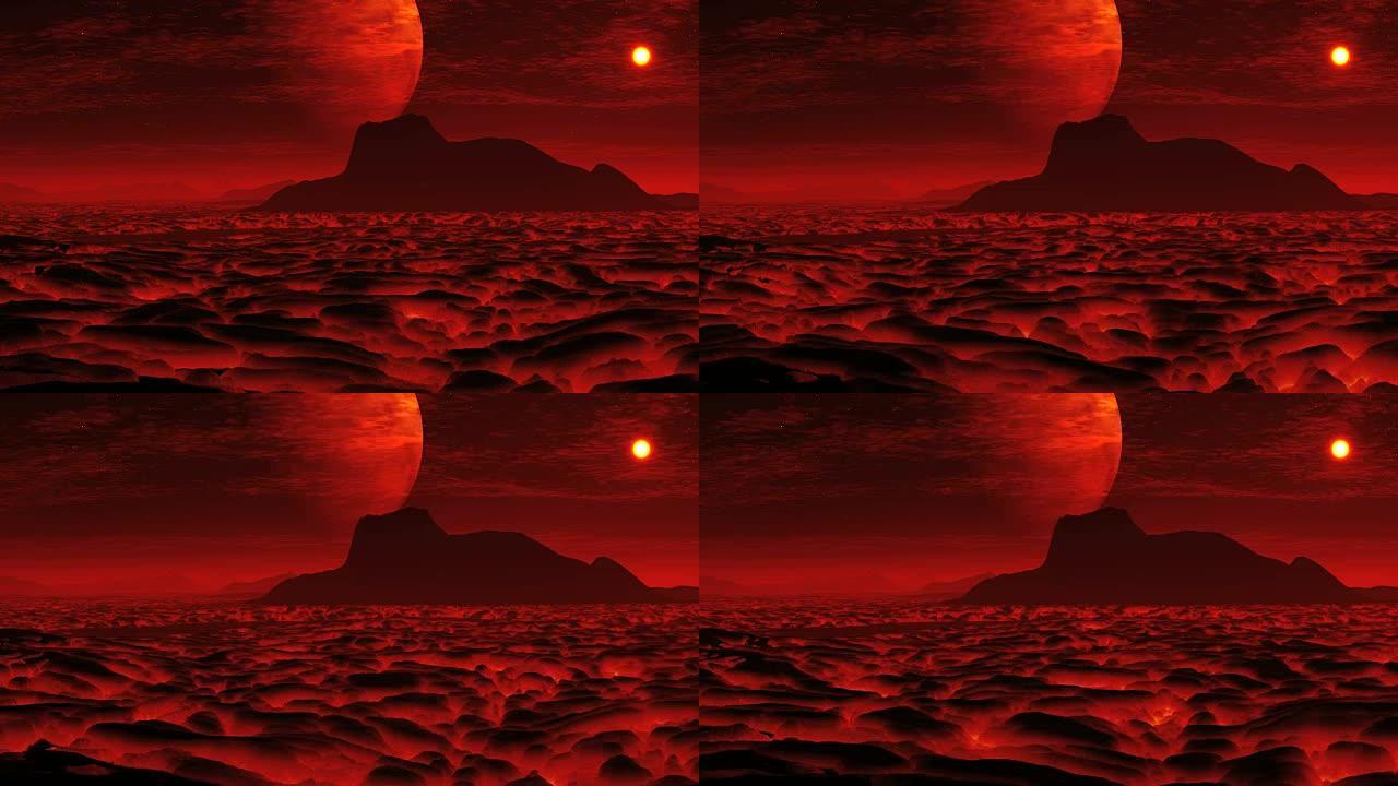 外星人星球上的熔岩和一个巨大的月亮