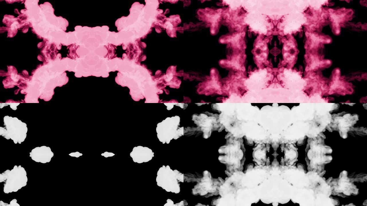 背景像罗夏墨迹测试10。荧光粉红色墨水或烟雾，在慢动作中隔离在黑色上。粉红色水粉滴在水中。对于阿尔法