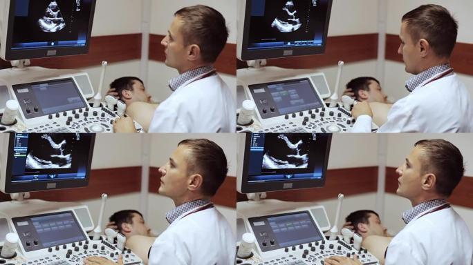 医生拍了一张超声波图，在超声波设备的屏幕上看。