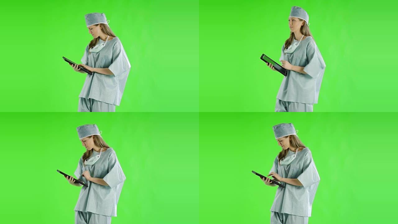 白人妇女greenscreen削减了医生保健护士的磨砂膏