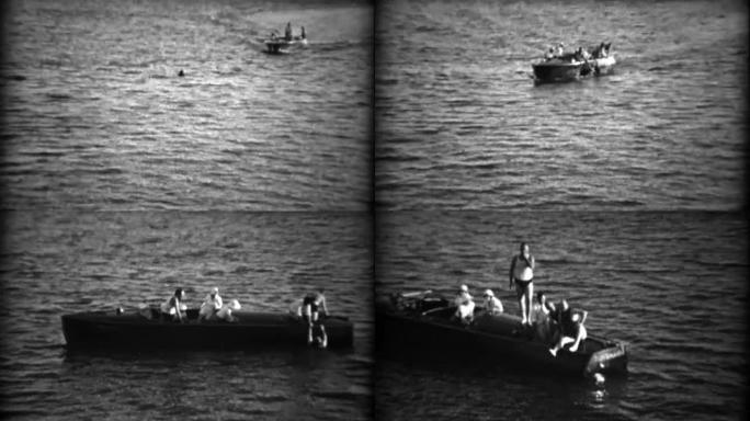 1934: 救援救生船在黑暗的深水中接回溺水的人。
