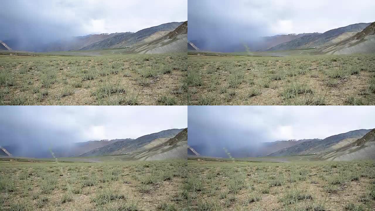 印度喜马拉雅山脉背景的草地上有风