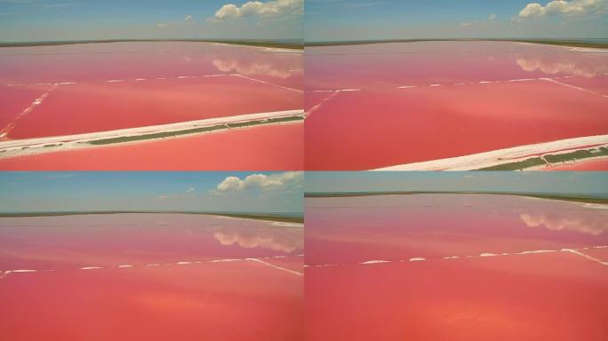 粉红色浮游生物色盐海水蒸发池的鸟瞰图