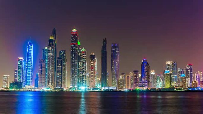 阿拉伯联合酋长国夜晚日落著名迪拜滨海湾棕榈全景4k延时阿联酋