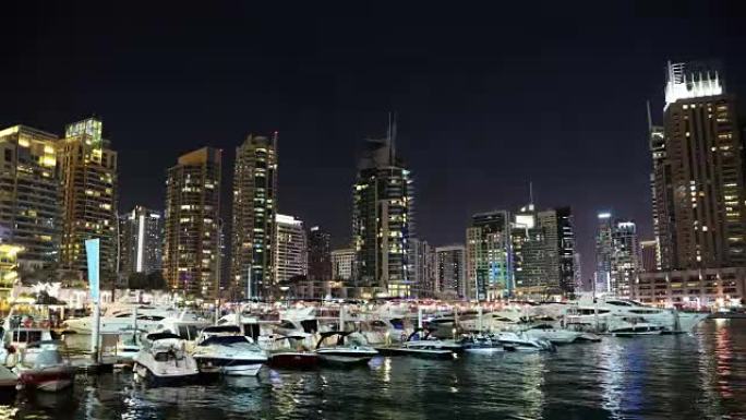 UHD 4k迪拜码头夜间延时，阿拉伯联合酋长国