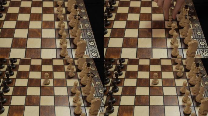 象棋。女棋手。第一步。运动中的全景。