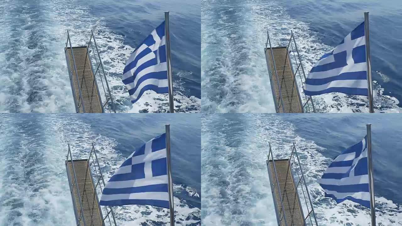 客船上的希腊国旗和楼梯