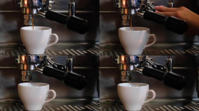 咖啡机将浓缩咖啡倒入白色杯子中，然后放下咖啡机
