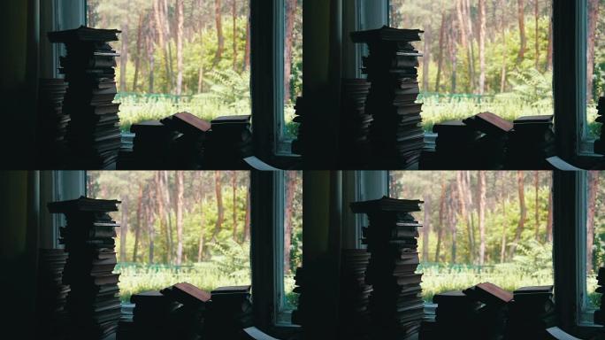 成堆的书躺在外面背景绿色森林的窗台上