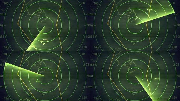 军用雷达屏幕正在扫描空中交通。3D渲染无缝循环动画。