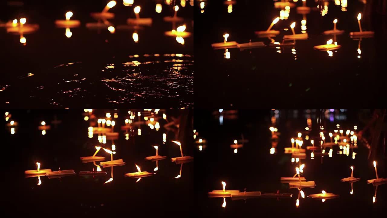 泰国清迈的Loi kathong节。数千个漂浮的装饰篮子和蜡烛向河女神致敬。满月之夜的泰国传统文化
