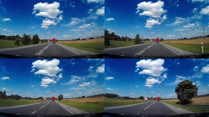 波兰欧洲当地道路行驶卡车后面的仪表盘摄像头