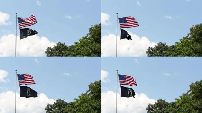 蓝色的天空下，一面美国国旗和一面越南战俘营的旗帜在飘扬
