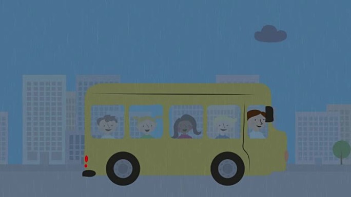 儿童在雨中行驶的校车