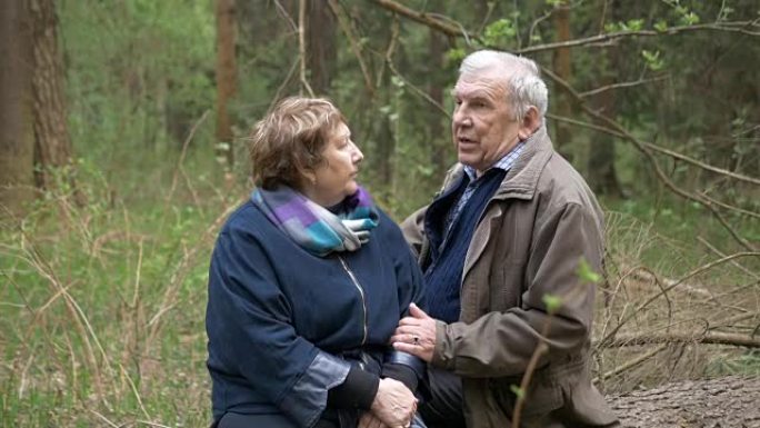 一对美丽的老年夫妇坐在公园的一棵倒下的树上。他们轻声交谈以牵手。爱的关系，健康的生活，幸福的时代。