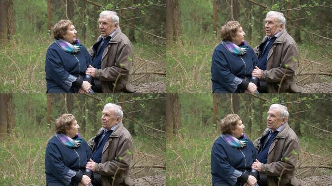 一对美丽的老年夫妇坐在公园的一棵倒下的树上。他们轻声交谈以牵手。爱的关系，健康的生活，幸福的时代。
