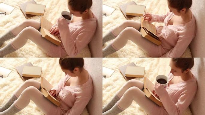 年轻女子看书喝咖啡
