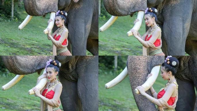 亚洲女子与大象，清迈泰国。
