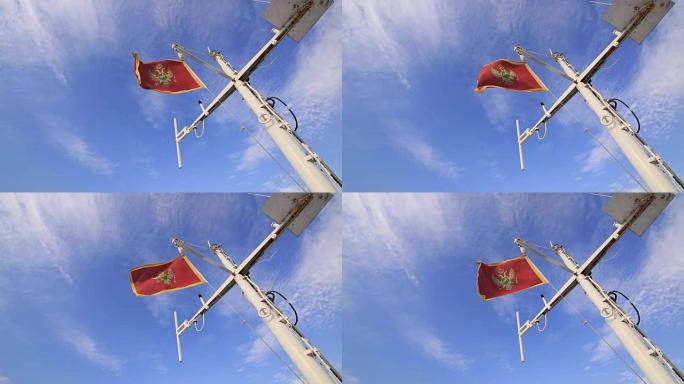 黑山的旗帜，在街上，在风中。黑山