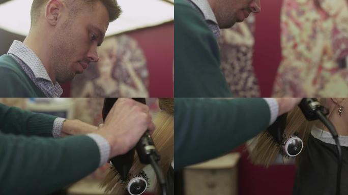 理发师用梳子和吹风机在美容院拉金发女孩的提示。制作体积发型