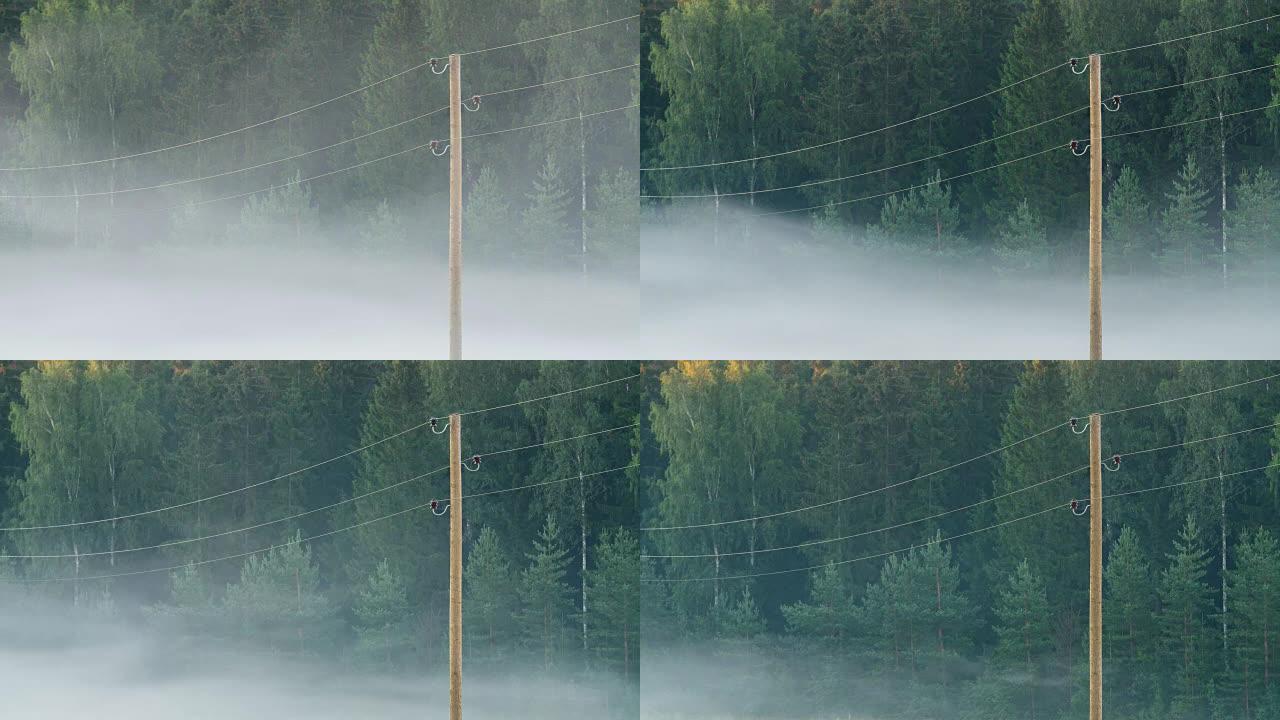 晨雾在电线之间流动的时间流逝
