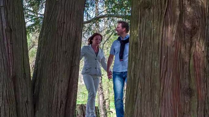 夫妻在大树间散步，因为他们想看看森林的样子