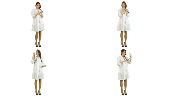 有趣的女护士在白色背景上玩听诊器