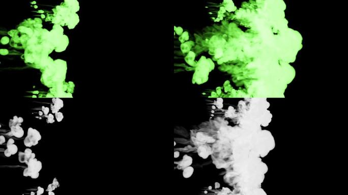 荧光亮绿色的气泡在水中，许多滴墨水。这是慢动作的3d渲染拍摄，用于与阿尔法通道合成的墨水背景或墨水效