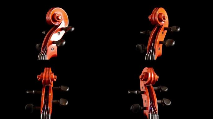 小提琴或中提琴卷轴的细节，钉子在黑色背景下转动
