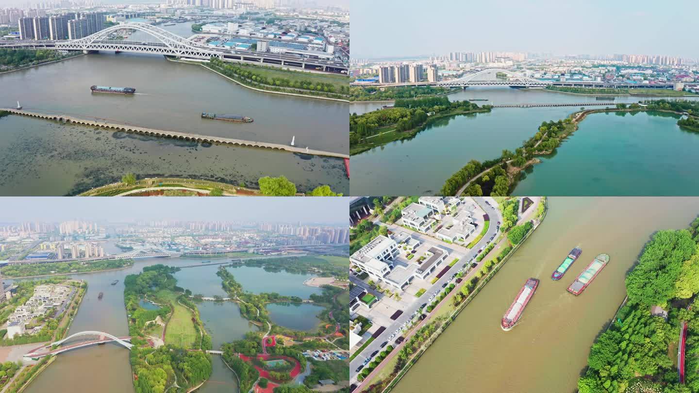 4K苏州吴中运河宝带桥、斜港大桥货船航拍