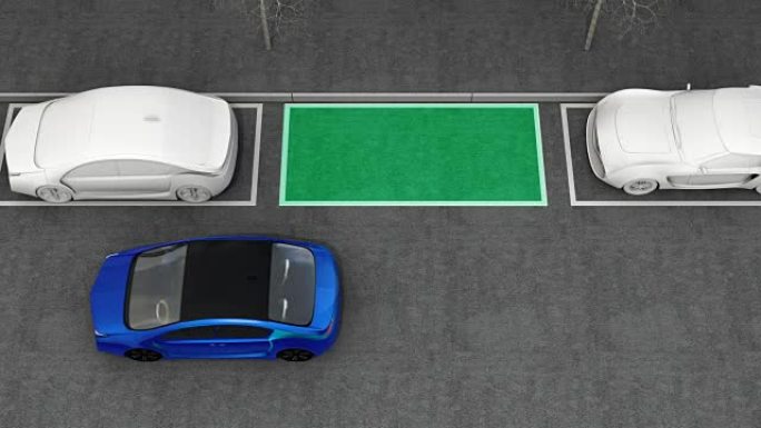 蓝色电动汽车驾驶进入停车场与停车辅助系统导航