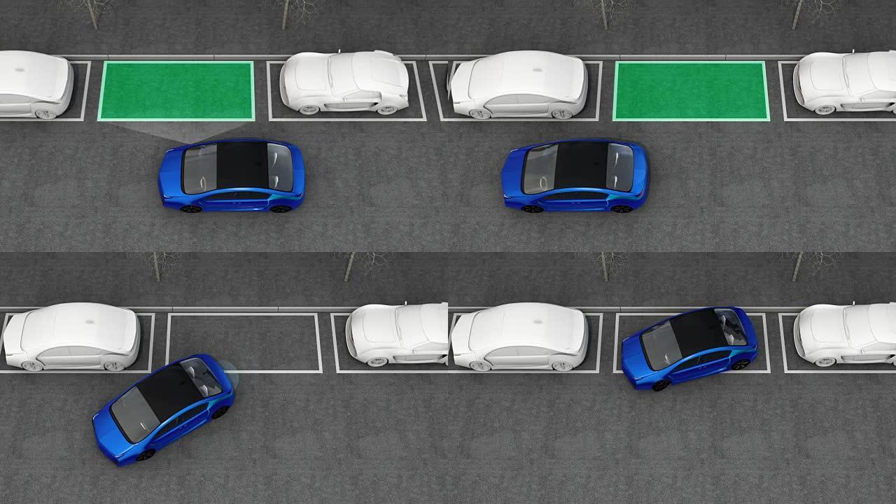 蓝色电动汽车驾驶进入停车场与停车辅助系统导航