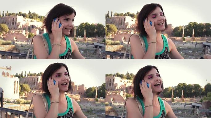 美丽的女人在罗马论坛附近的手机上聊天，steadicam拍摄高清
