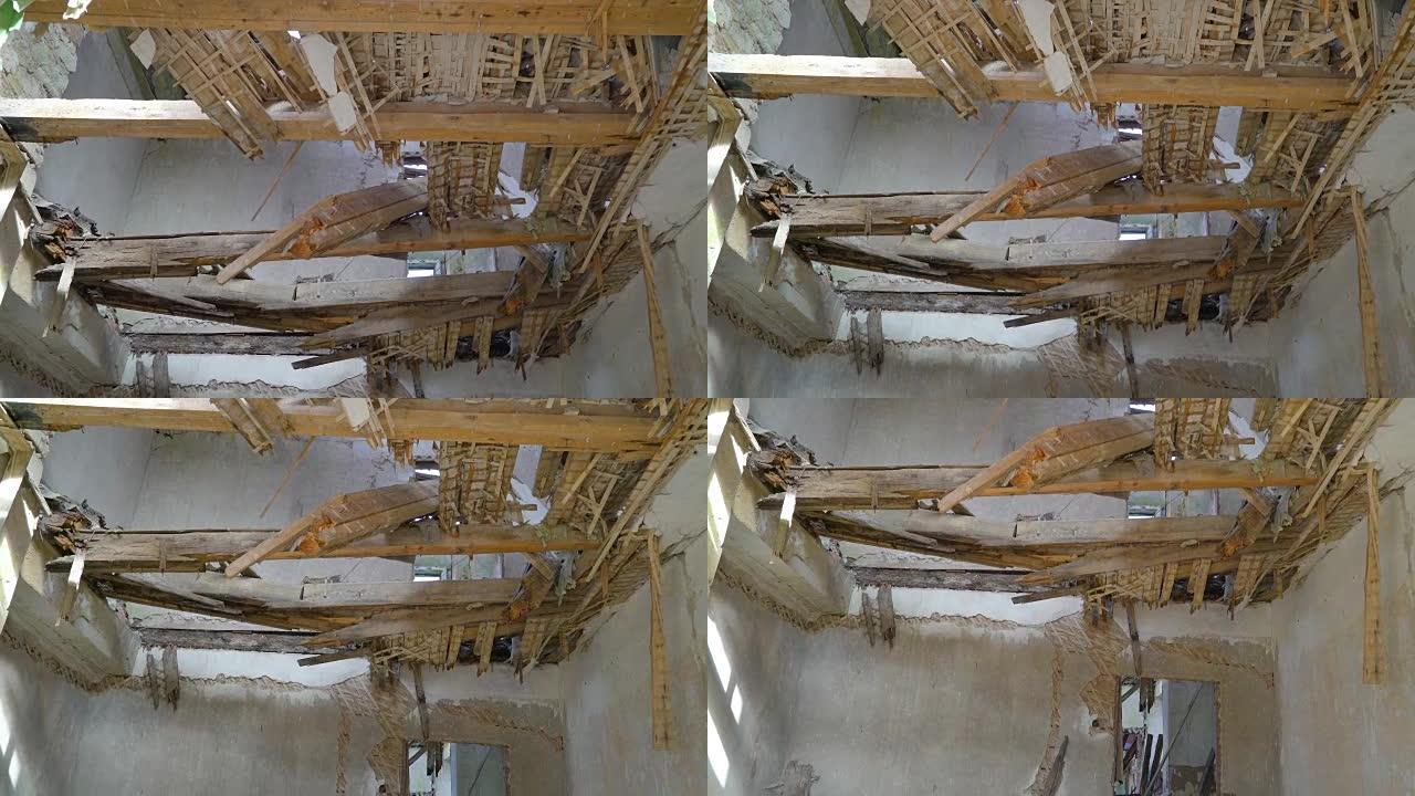 乌克兰受损房屋的天花板被毁