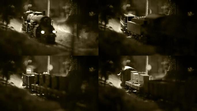 旧电影效果: 机车沿铁轨移动的旧火车模型