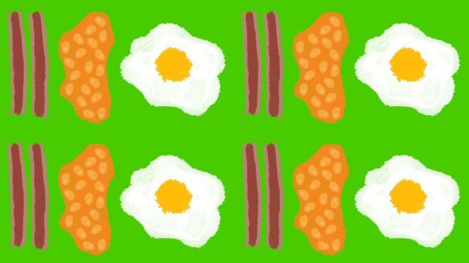 绿屏背景上手绘的煎蛋培根和豆类卡通早餐