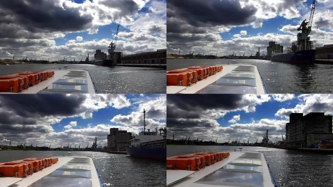 工业河造船厂和起重机上的快速运动渡轮