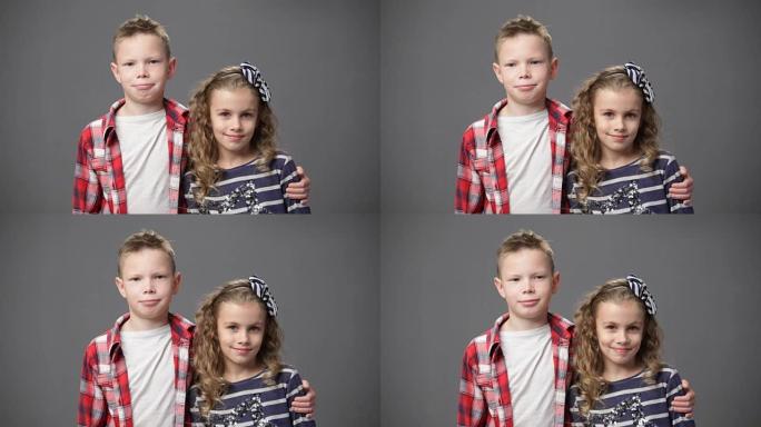 男孩拥抱女孩，微笑着