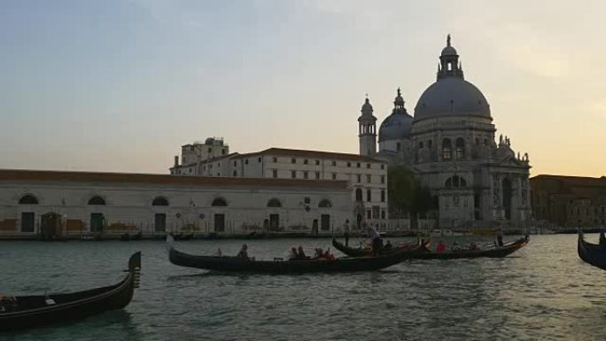 意大利日落时间威尼斯圣玛丽亚德拉礼炮大教堂大运河码头全景4k