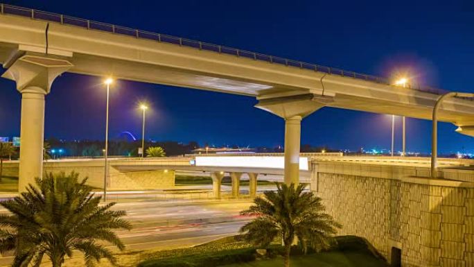 阿拉伯联合酋长国夜间照明迪拜市著名交通道路地铁线全景4k延时