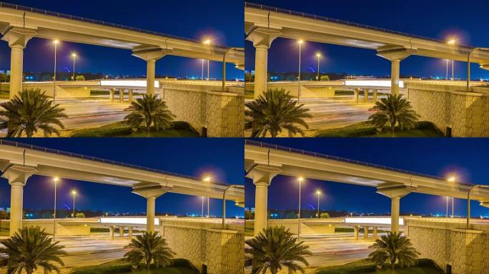 阿拉伯联合酋长国夜间照明迪拜市著名交通道路地铁线全景4k延时