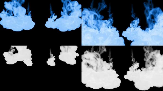大量流动的荧光蓝色墨水或烟雾，在慢动作中隔离在黑色上。蓝色漂浮在水中。用于墨水背景，墨水效果。阿尔法